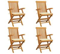 Fecpoo Juego de 4 sillas de jardín de madera de teca con cojines de asiento en color crema, plegables, 55 x 60 x 89 cm, resistentes a la intemperie, para balcón y patio