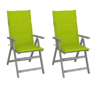 Fecpoo Sillas de jardín ajustables, 2 unidades, con cojín, madera de acacia maciza, gris, 120 x 50 x 3 cm, cojines verde brillante, muebles de exterior