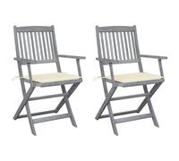 Fecpoo Sillas de jardín plegables, 2 unidades, madera de acacia maciza gris con cojines de poliéster blanco crema, 40 x 40 x 3 cm, para exteriores
