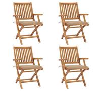 Fecpoo Sillas de jardín plegables 4 unidades con cojín de asiento | madera de teca finamente pulida, color beige, plegable | terraza, balcón, cafetería
