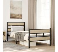 Fecpoo WGYHOME Estructura de cama de metal de 90 x 200 cm con somier de láminas de roble Sonoma negro, hierro y madera para dormitorio