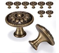 Fecraf Paquete de 10 pomos de latón antiguo, tiradores de bronce retro para cajones de cocina, pomos redondos sólidos para mesitas de noche, accesorios de gabinete de un solo agujero para muebles