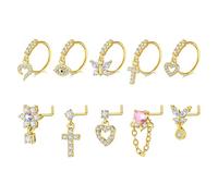 FECTAS Piercing para la nariz con forma de L, acero quirúrgico, 18 g, 20 g, 7 mm, 10 mm, barra de diamante, corazón, mariposa, mal de ojo, cruz y flor, Acero inoxidable