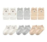 FedMois 3 Pares Rodilleras Bebé Gateo + 3 Pares Calcetines Antideslizantes de Algodón con Motivos de Animales, gris, blanco y beige, 9-18 meses
