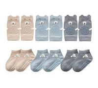 FedMois 3 Pares Rodilleras Bebé Gateo + 3 Pares Calcetines Antideslizantes de Algodón con Motivos de Animales, gris oscuro, azul y beige, 0-9 meses