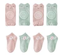 FedMois 4 Pares Rodilleras Bebé Gateo + 4 Pares Calcetines Antideslizantes de Algodón con Motivos de Animales, bebés niña, 1-3 años