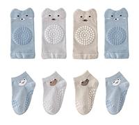 FedMois 4 Pares Rodilleras Bebé Gateo + 4 Pares Calcetines Antideslizantes de Algodón con Motivos de Animales, bebés niño, 0-12 meses