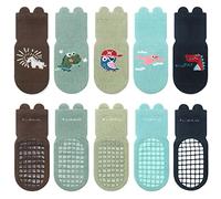 FedMois Calcetines Antideslizantes de Algodón para Bebé Niño Niña Pack de 5, Dinosaurio, 5-7 años