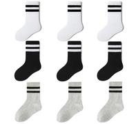 FedMois Calcetines de Deporte Algodón Calcetines para Uniforme Escolar de Niños Niñas Infantiles (Pack de 9 Pares), Negro, Blanco y Gris, 5-7 años