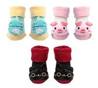 FedMois Calcetines Sonajero Antideslizantes de Algodón con Diseño de Animal para Bebé Pack de 3, dinosaurio, cerdito y gato, 6-12 meses