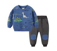 FedMois Conjunto Deportivo Algodón de 2 Piezas para Bebé Niño Sudadera sin Capucha y Pantalones Largos, dinosaurio azul, 3-4 años