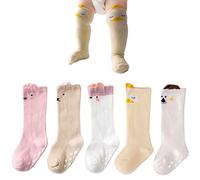 FedMois Pack de 5 Calcetines Antideslizantes Altos Hasta la Rodilla de Bebés con Motivos de Animal, Niña, 0-1 año