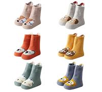 FedMois Pack de 6 Calcetines Térmicos Invierno de Algodón Antideslizantes para Bebé Niño Niña, Animales, 0-1 año