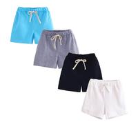 FedMois Pantalones Cortos con Cintura Elástica de Algodón para Niño (Pack de 4), Azul, Gris, Negro y Blanco, 9 años