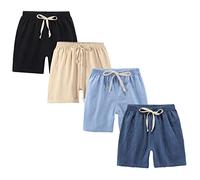 FedMois Pantalones Cortos con Cintura Elástica de Algodón para Niño (Pack de 4), Negro, Azul, Beige Y Azul Oscuro, 9 años