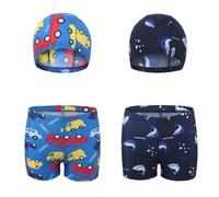 FedMois Traje de Baño de Dos Piezas Niños, Short Bañador + Gorro Natación (Pack de 2 Set), Automóviles y Tiburones, 6-7 años