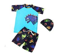 FedMois Traje de Baño para Ninos Conjunto de 3 Piezas Camiseta + Pantalones Cortos + Gorro, Dinosaurio Azul, 2-3 años