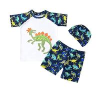 FedMois Traje de Baño para Ninos Conjunto de 3 Piezas Camiseta + Pantalones Cortos + Gorro, Dinosaurio Blanco, 7-9 años