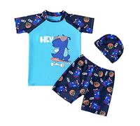 FedMois Traje de Baño para Ninos Conjunto de 3 Piezas Camiseta + Pantalones Cortos + Gorro, Dinosaurio patineta, 2-3 años
