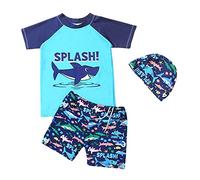 FedMois Traje de Baño para Ninos Conjunto de 3 Piezas Camiseta + Pantalones Cortos + Gorro, tiburón, 4-5 años