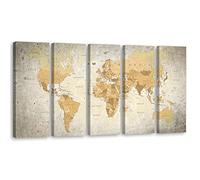 Feeby 5 partes Impresión en Material Tejido no Tejido 150x60 cm Mapa político del mundo Continentes Geografía Cuadro de Pared XXL Imagen Gráfica Estética Abstracción Mapa de contornos Océanos Beige