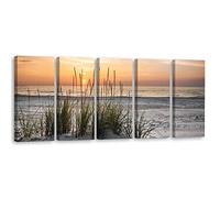 Feeby Cuadro en Lienzo 200x80 cm Agua Olas Playa Arena Mar 5 partes Moderno Calidad fotografica Decoración De Pared Mar del Norte Puesta de sol Naranja