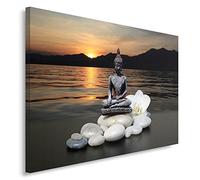 Feeby Cuadro en Lienzo Buda Zen Piedras Flor Lago 1 Pieza XXL 120x80 cm Modernos Impresión Artística Calidad Fotografica Decoración de Pared Salon Cocina Oficina Pasillo Puesta del Sol Gris Bianco