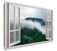 Feeby Cuadro Poster Vista de la ventana del bosque niebla 90x60 cm 1 partes Arte Moderno Decoración De Pared Sala De Estar Paisaje Naturaleza Árboles Verde