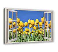 Feeby Cuadros en Lienzo vista de la ventana Arte Moderno tulipanes Amarillo 90x60 cm