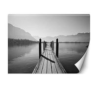 Feeby Fotomurales Muelle Sobre El Lago 250x175 cm blanco y negro Incluyendo Pegamento Papel Pintado Tejido No Tejido Decoración De Pared Salon Oficina Dormitorio Naturaleza Agua Cielo Colinas