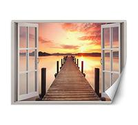 Feeby Fotomurales Puesta De Sol Junto Al Lago 140x100 cm Naranja Incluyendo Pegamento Papel Pintado Tejido No Tejido Decoración De Pared Salon Oficina Dormitorio Muelle Vista De Ventana Ilusión 3D