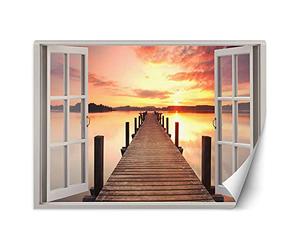 Feeby Fotomurales Puesta De Sol Junto Al Lago 140x100 cm Naranja Incluyendo Pegamento Papel Pintado Tejido No Tejido Decoración De Pared Salon Oficina Dormitorio Muelle Vista De Ventana Ilusión 3D