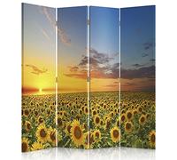 Feeby Frames Biombo Impreso sobre Lona, tabique Decorativo para Habitaciones, a una Cara, de 4 Piezas (145x180 cm), Prado, Flores, Girasol, Cielo, Naturaleza, Paisaje, Amarillo