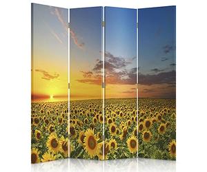 Feeby Frames Biombo Impreso sobre Lona, tabique Decorativo para Habitaciones, a una Cara, de 4 Piezas (145x180 cm), Prado, Flores, Girasol, Cielo, Naturaleza, Paisaje, Amarillo