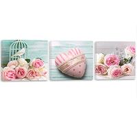 Feeby Frames, Cuadro en Lienzo - 3 Partes - Panorámico, Cuadro impresión, Cuadro decoración, Canvas 90x30 cm, CORAZÓN, Flores, Rosas, Ramo, Rural, Rosado