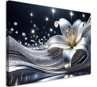 Feeby Impresión en Material Tejido no Tejido - cuadros decoracion salon modernos - cuadro lienzo - 90x60 cm - lienzo grande - Flor Natura Silver- cuadros decoracion salon