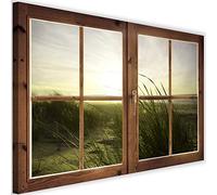 Feeby Impresión en Material Tejido no Tejido Ventana Cerrada Ilusión 3D 120x80 cm Cuadro de Pared XXL Imagen Gráfica Estética Puesta De Sol En La Playa Hierba Mar Verde