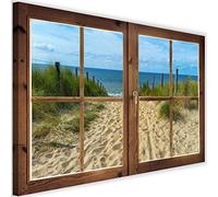 Feeby Impresión en Material Tejido no Tejido Vista De Ventana Efecto 3D 120x80 cm Cuadro de Pared XXL Imagen Gráfica Estética Sendero Al Mar Playa Beige