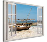 Feeby Lienzos decorativos - cuadros decoracion salon modernos - cuadro lienzo - 90x60 cm - lienzo grande - Vista de ventana Tropical Sea Boat - decoracion salon