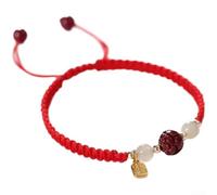 Feegow Pulsera de cinabrio tejida a mano con dije de loto en cuerda roja china, joyería de moda unisex tradicional para parejas, símbolo cultural "Fu", estilo vintage (rojo chino)