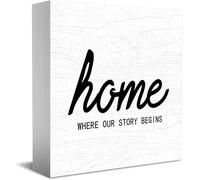 Feehiget Home Where Our Story Begins Decor - Letrero clásico de caja de madera, 12,7 x 12,7 cm