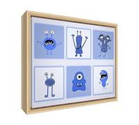 Feel Good Art eco-printed y enmarcadas lona de guardería con marco de madera natural maciza (34 x 24 x 3 cm, tamaño pequeño), color azul, Monsters)