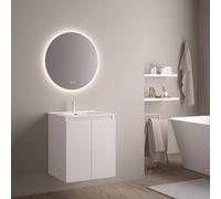 Feel Your Bath Conjunto Mueble Baño 60 cm Blanco Brillo con Encimera Cerámica Integrada y Espejo Redondo LED antivaho, 2 Cajones Soft Close, Diseño Suspendido, diseño Compacto para baños pequeños