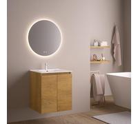 Feel Your Bath Conjunto Mueble Baño 60 cm Marrón Madera con Encimera Cerámica Integrada y Espejo Redondo LED antivaho, 2 Cajones Soft Close, Diseño Suspendido, diseño Compacto para baños pequeños