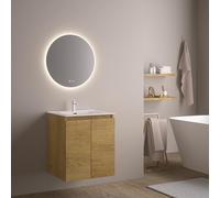 Feel Your Bath Mueble de Baño Wolf 60 cm Marrón Madera con Encimera Cerámica y Espejo Redondo LED Antivaho, Lavabo Incluido, 2 Cajones Soft Close, Diseño Suspendido y Compacto para Baños Pequeños