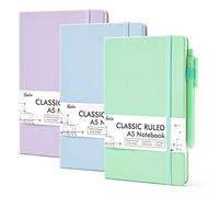 feela Paquete de 3 cuadernos de tapa dura para mujer, juego de diario clásico a rayas, suministros escolares de negocios, con 3 bolígrafos negros, 120 GSM, 5.1 x 8.3 pulgadas, A5, colores pastel, azul