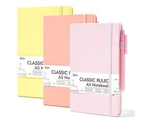 feela Paquete de 3 cuadernos de tapa dura para mujer, juego de diario clásico a rayas, suministros escolares de negocios, con 3 bolígrafos negros, 120 GSM, 5.1 x 8.3 pulgadas, A5, colores pastel,