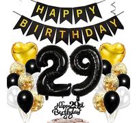 Feelairy 29 años Decoracion Cumpleaños, Oro Negro Globos 29 Cumpleaños Hombres, Topper Tarta Cumpleaños 29 años Happy Birthday Decoraciones para Fiesta de Cumpleaño 29 años Hombres y Mujer