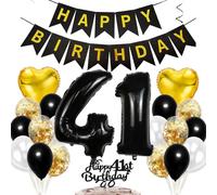 Feelairy 41 años Decoracion Cumpleaños, Oro Negro Globos 41 Cumpleaños Hombres, Topper Tarta Cumpleaños 41 años Happy Birthday Decoraciones para Fiesta de Cumpleaño 41 años Hombres y Mujer