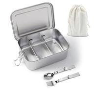 Feelhap Fiambrera de Acero Inoxidable, 2400 ML Fiambrera a Prueba de Fugas con 2 Partición Extraíble, Bolsa de almuerzo y Cubiertos, Fiambrera Metalica Hermetica Caja de Almacenamiento de Alimentos